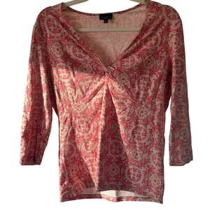 Talbots Medallion 3/4 Sleeve Pink Tan Twist Knit Top Boho Retro Hippie - M